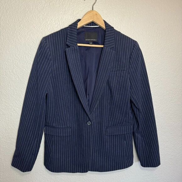 Banana Republic Blazer Women 14 Navy Pinstripe 1 Button Corporate Core Work - Picture 1 of 9